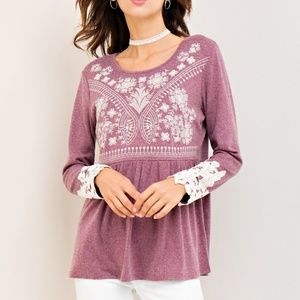 ENTRO Peplum Top Embroidered Tunic Rose